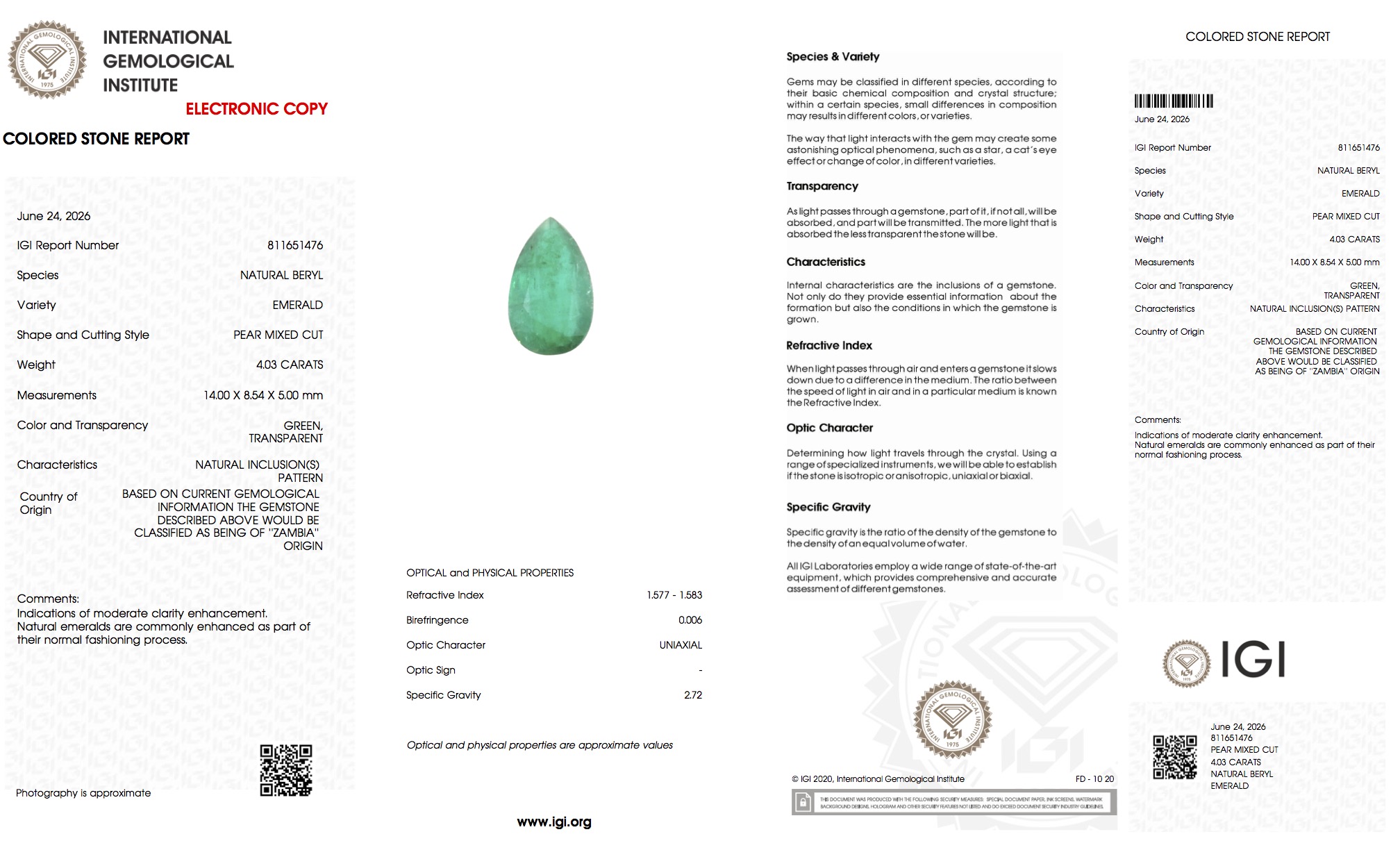 (41 WG) 4.03 CT Pear Mixed Cut | Natural Zambian Emerald | Loose Stone | IGI certified - Image 5