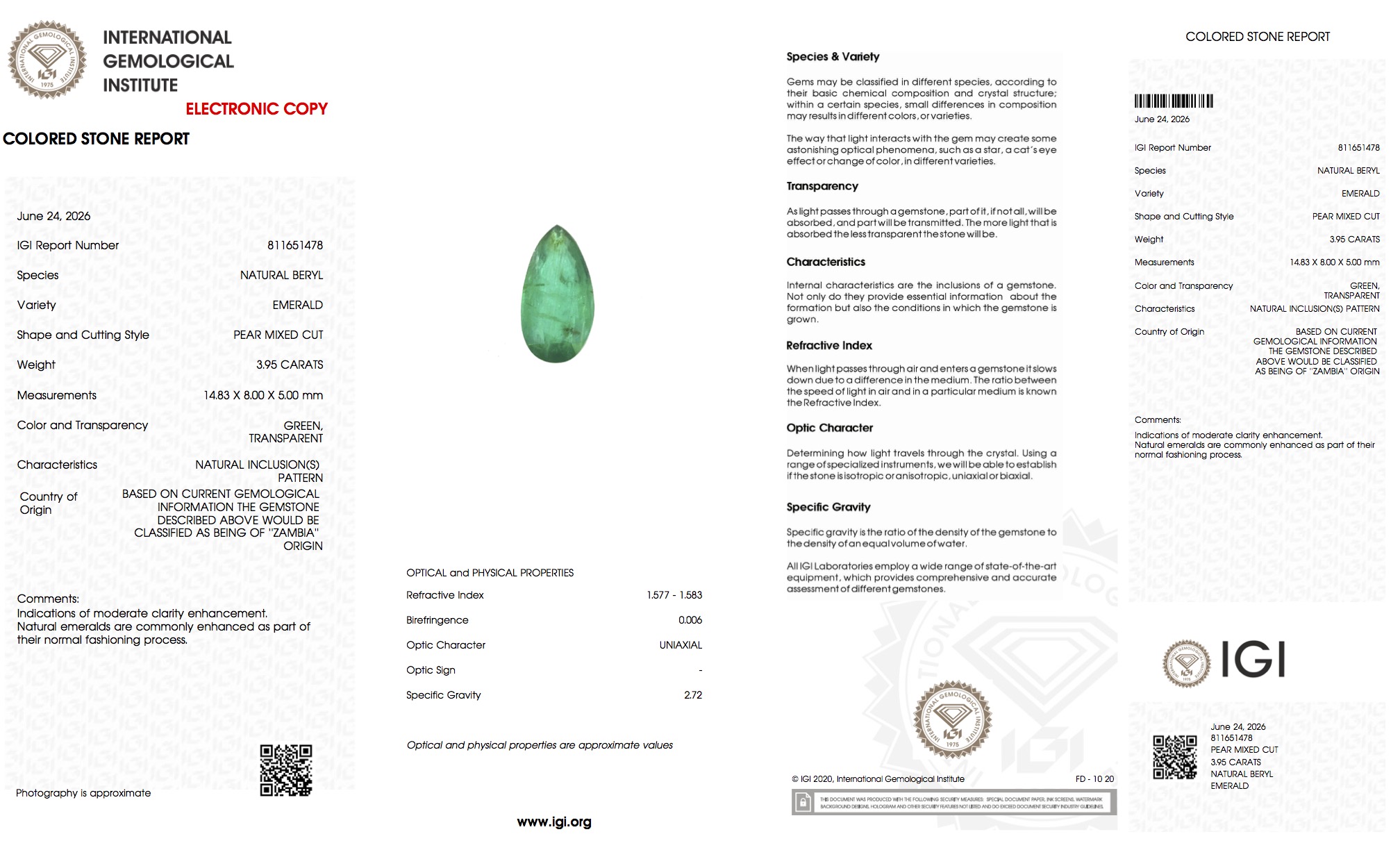 (42 WG) 3.95 CT Pear Mixed Cut | Natural Zambian Emerald | Loose Stone | IGI certified - Image 5