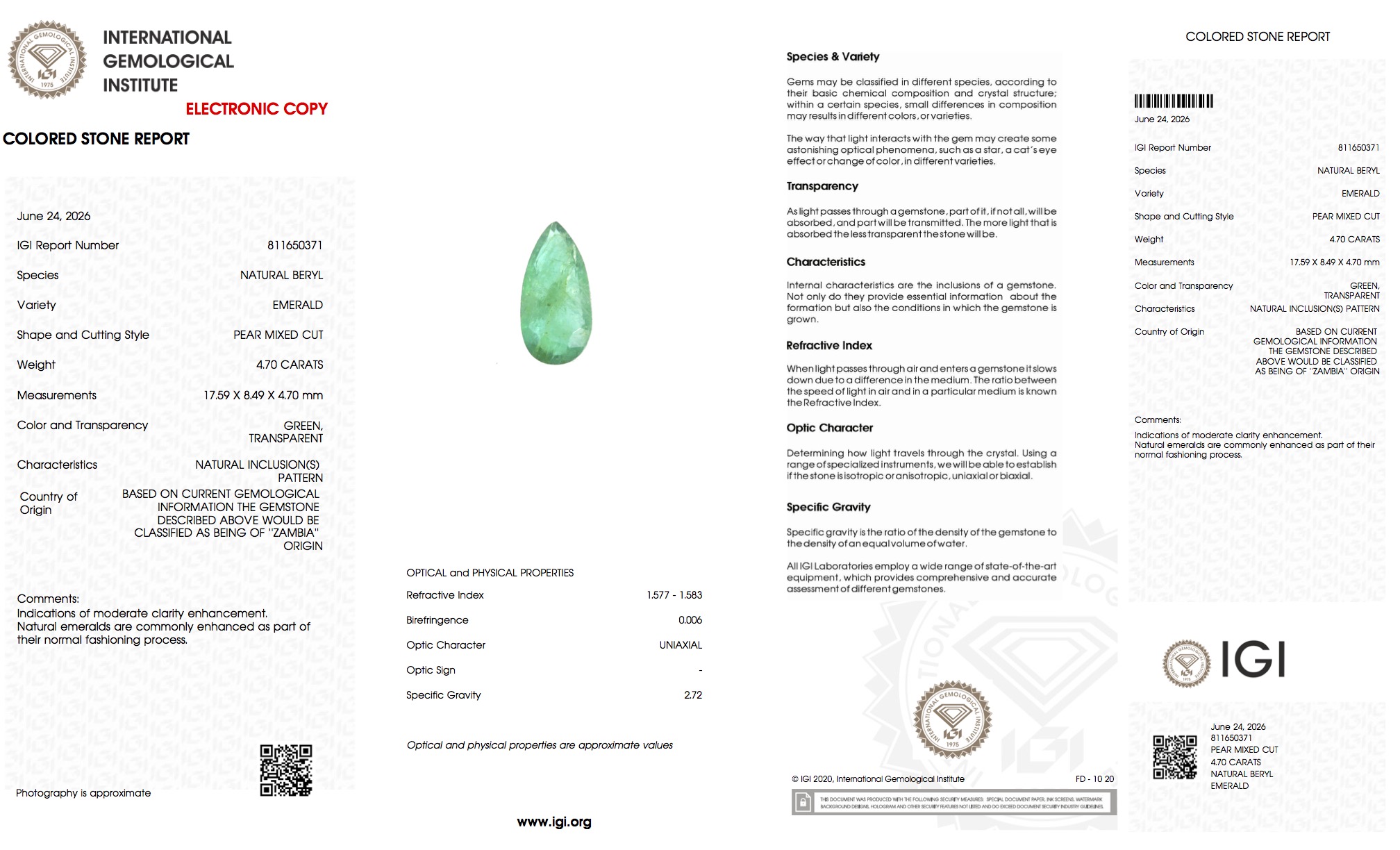 (43 WG) 4.70 CT Pear Mixed Cut | Natural Zambian Emerald | Loose Stone | IGI certified - Image 5